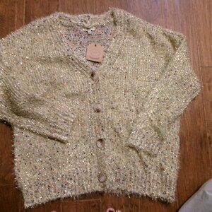 NWT Kori Ivory v neck 1 x cardigan fuzzy big button gold threads throughout